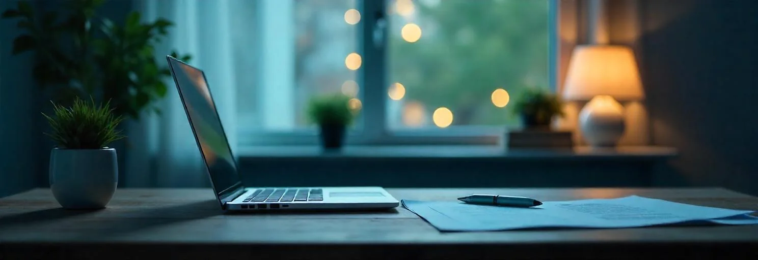 Cozy workspace with cheerful character organizing financial papers in a navy and teal room, surrounded by tools and a calend…