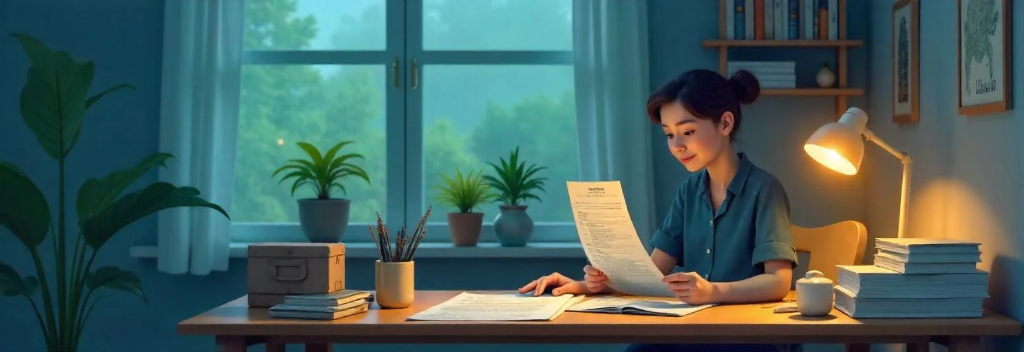 A cozy home office scene with a cheerful person reviewing budgeting papers amid organized clutter, in navy, teal, and gray t…