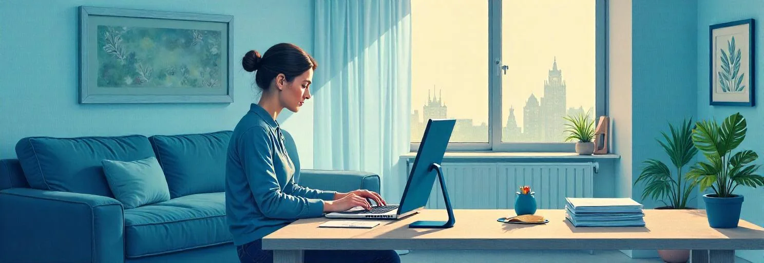 A cozy living room with a person planning finances at a sleek desk, soft navy and teal tones, gray accents, and warm lightin…